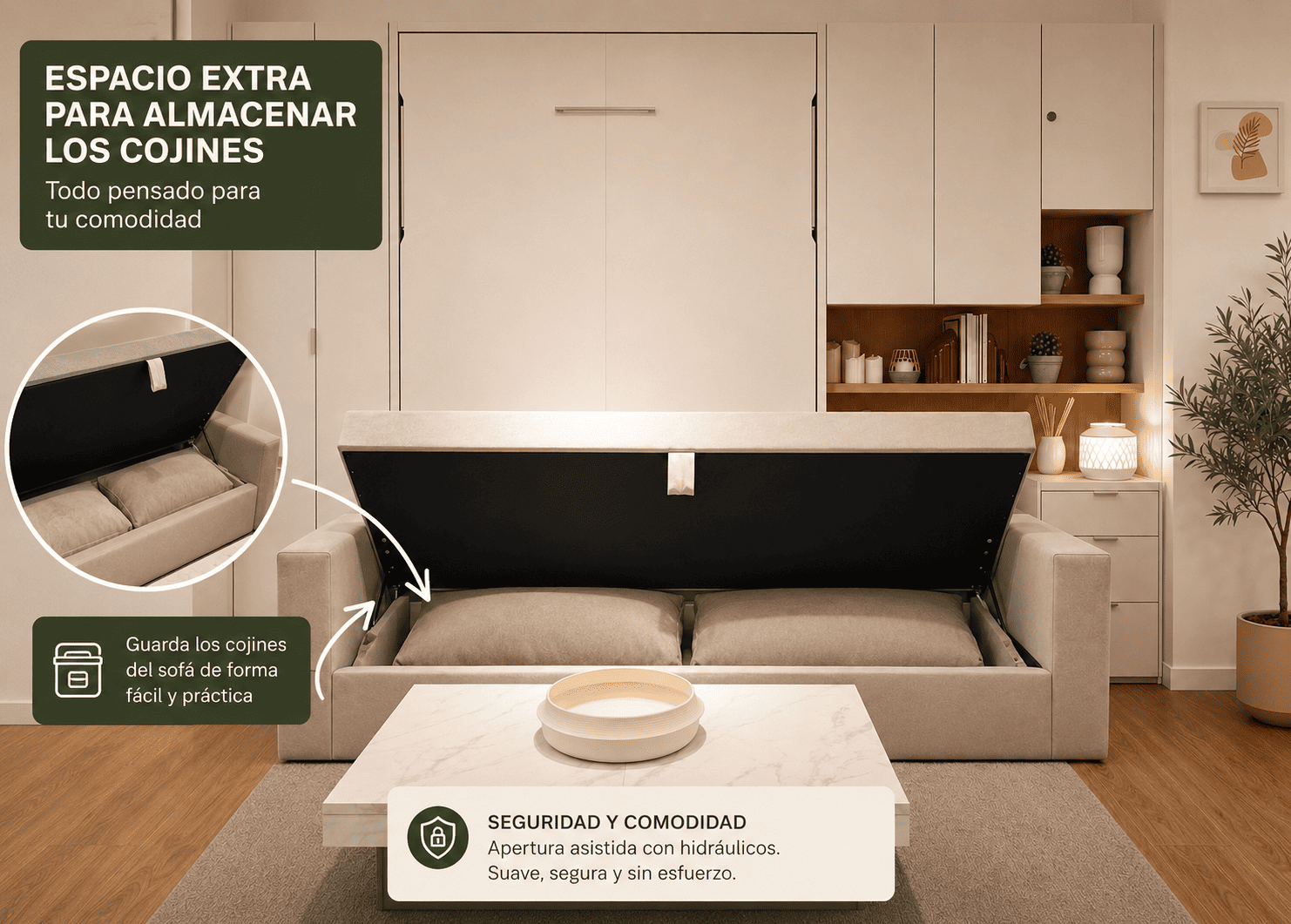 Cama abatible con sofá donde guardar los cojines